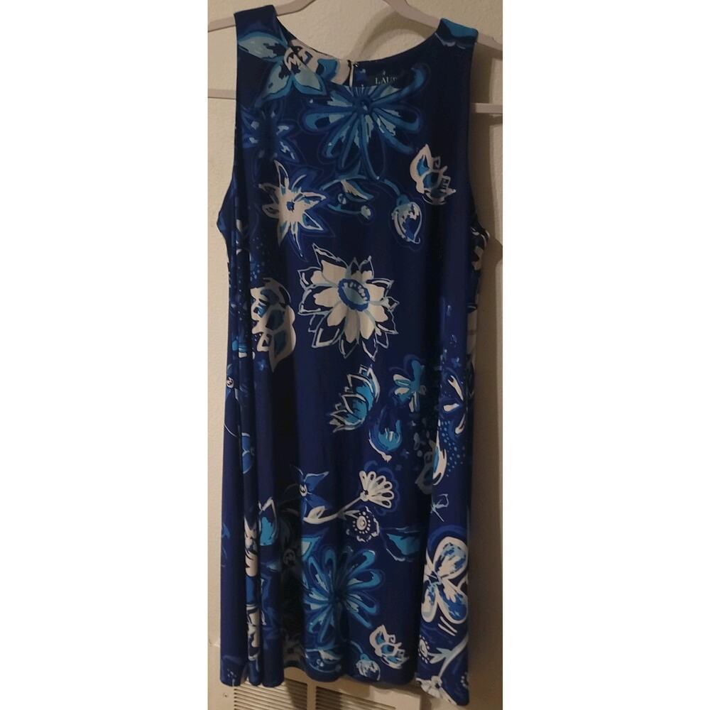 Ralph Lauren Size 8 Womans Blue White Floral Sleeveless Shift Swing Dress